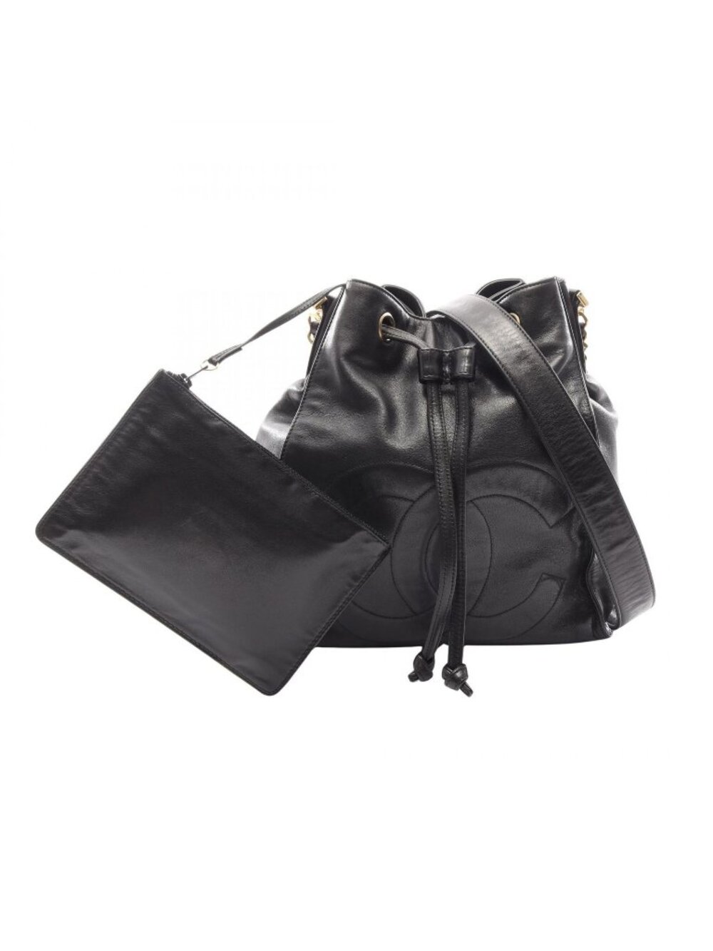 Chanel Shoulder Bag CC Logo Drawstring Black Lambskin CC Chain